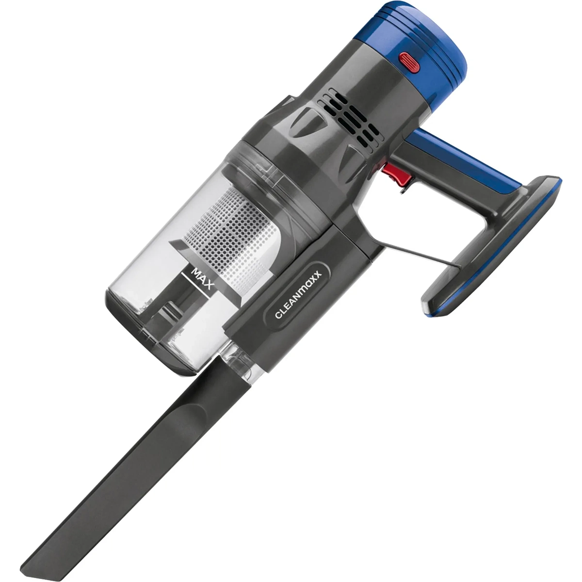 Der CLEANmaxx Kabelloser Hand- und Bodenstaubsauger in Blau bietet beutelloses Saugen, einen transparenten Staubbehälter sowie einen langen, schmalen Düsenaufsatz mit blauen und schwarzen Akzenten.