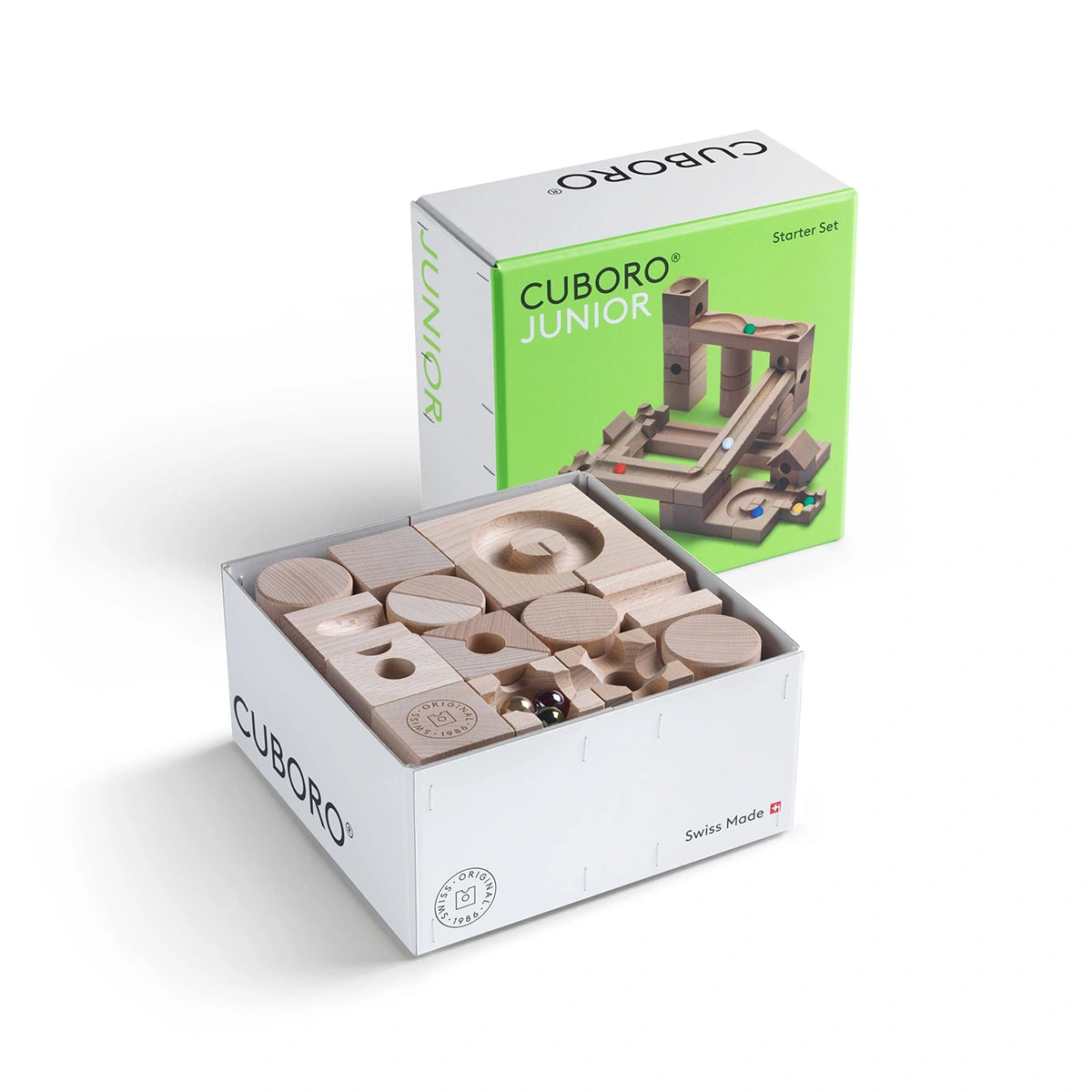 CUBORO JUNIOR Starter-Set Kugelbahn aus Holz mit 40 Teilen, naturfarbene Holzwürfel und Schienen für Kinder ab 3 Jahren