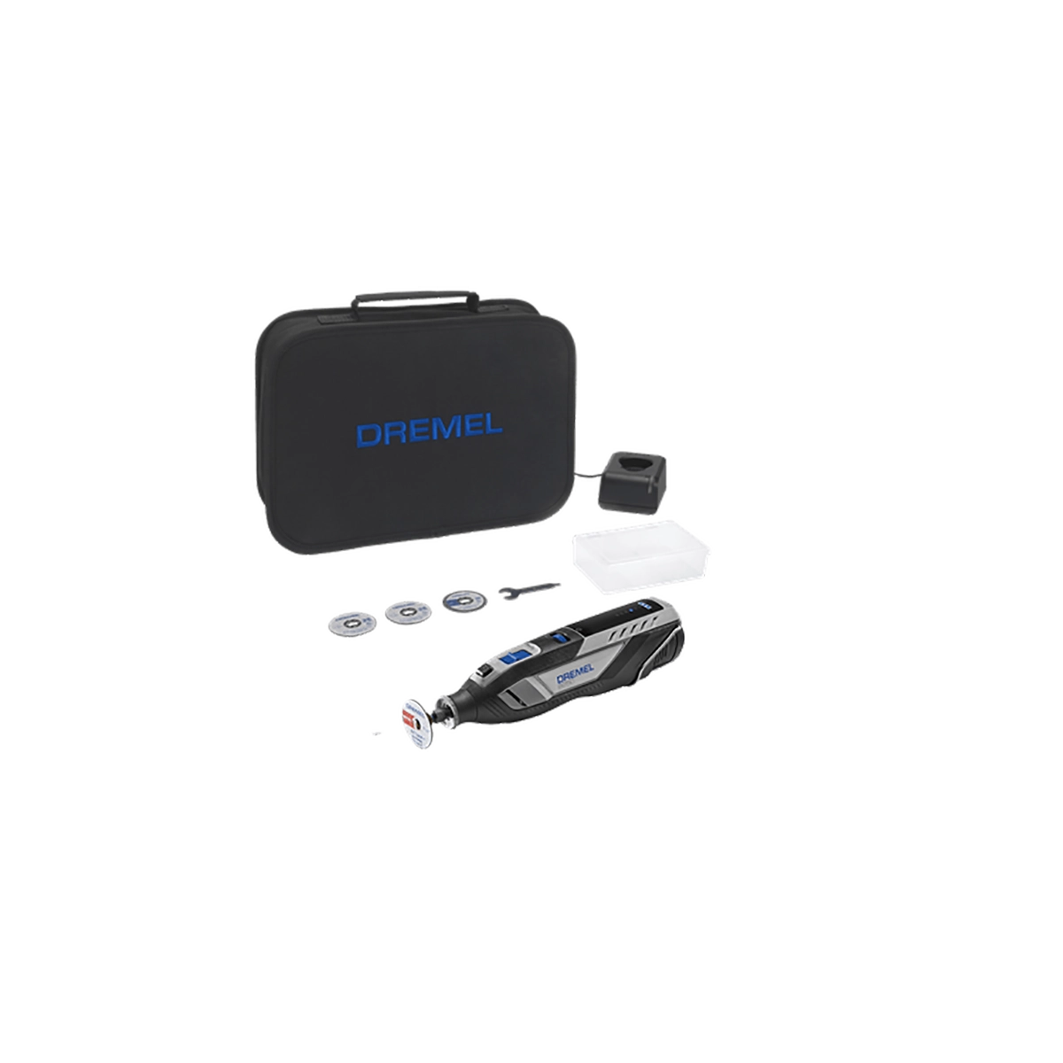 Das Dremel 8250 Akku-Multitool von Dremel, abgebildet mit bürstenlosem Motor, Tragetasche, Zubehör und Aufsätzen, wird auf einem weißen Hintergrund dargestellt.