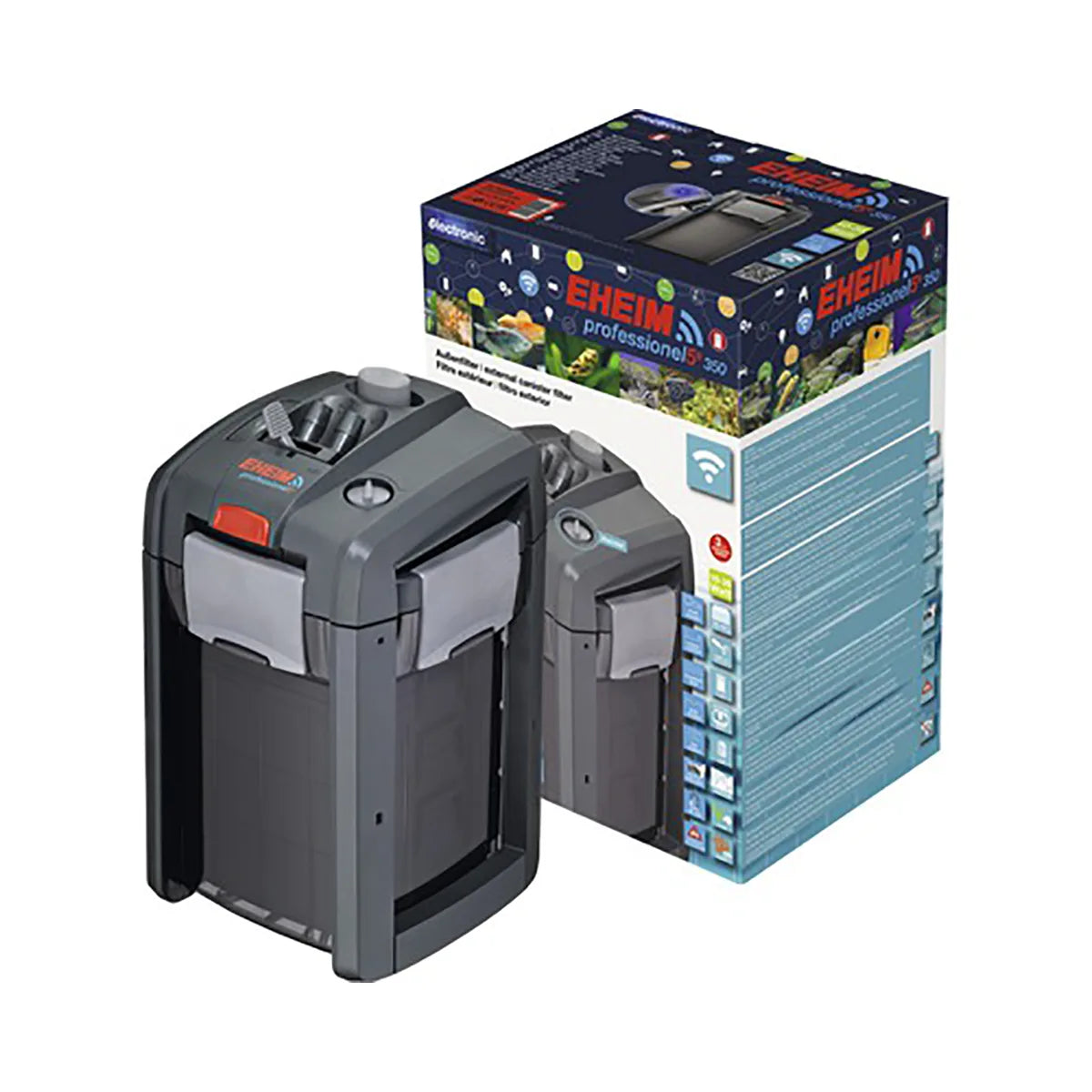 Der EHEIM professionel 5e 350 von EHEIM, hier neben dem bunten Karton mit den technischen Daten, verfügt über eine innovative WLAN-Steuerung für ein reibungsloses Aquarienmanagement.