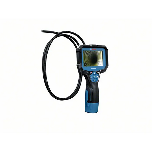 Die Bosch Professional GIC 12V-4-23 C Akku-Inspektionskamera ist ein Handgerät mit einer flexiblen Sonde und einem Display, das klare Innenansichten für präzise Inspektionen bietet.