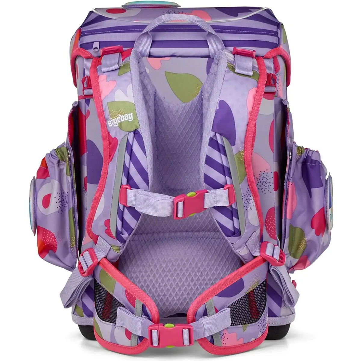 Der ergobag Cubo Light BlütenzauBär - ein 6-teiliges Schulranzen-Set in Lila und Pink mit gepolsterten Trägern und Seitentaschen, leicht und bequem - von ergobag, perfekt für die Schule.