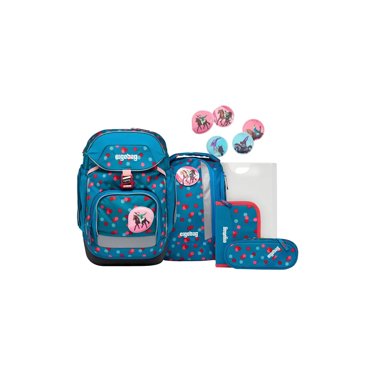 Das Ergobag Pack Schulranzen-Set "VoltiBär" (6-teilig) von ergobag kombiniert ergonomischen Komfort und stylisches Design für den Schulalltag - inklusive Rucksack, Federmäppchen, Fächern und austauschbaren Klett-Patches.