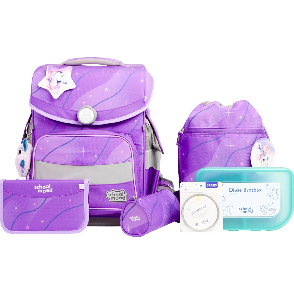 Das School-Mood Timeless Schulranzen-Set 7-teilig "Marie" ist ein lilafarbenes, ergonomisch gestaltetes Set mit niedlichem Einhorn-Motiv, inklusive Rucksack, Brotdose, Federmappe und mehr.