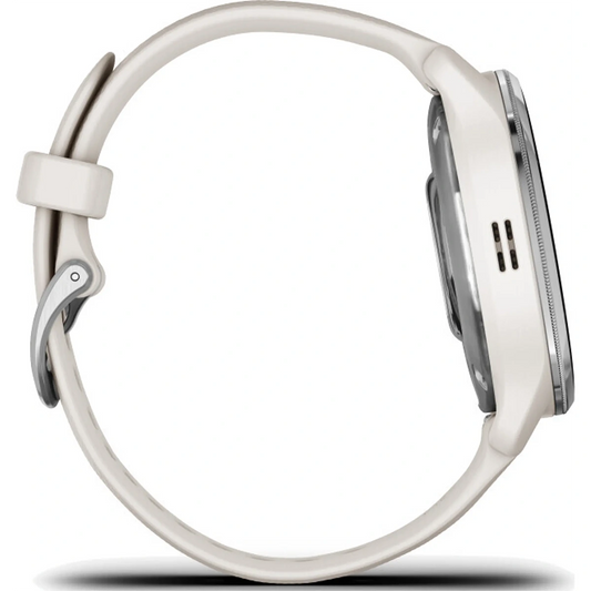 Seitenansicht der Garmin D2 Air X10 010-02496-13 Smartwatch in Weiß von Garmin mit rundem Gesicht, passendem Silikonarmband und integrierter GPS-Navigation.