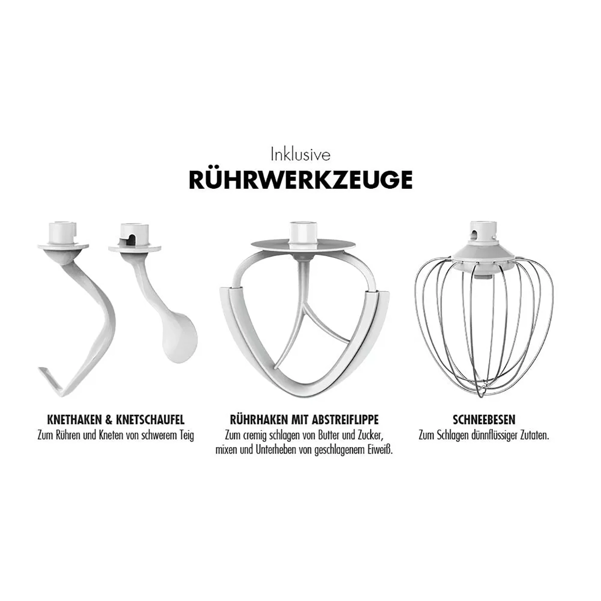 Drei Aufsätze für die Gastroback 40977 Küchenmaschine - silber: Knethaken für schweren Teig, Flachrührer mit Teigschaber für Butter und Zucker sowie Schneebesen für leichte Zutaten.