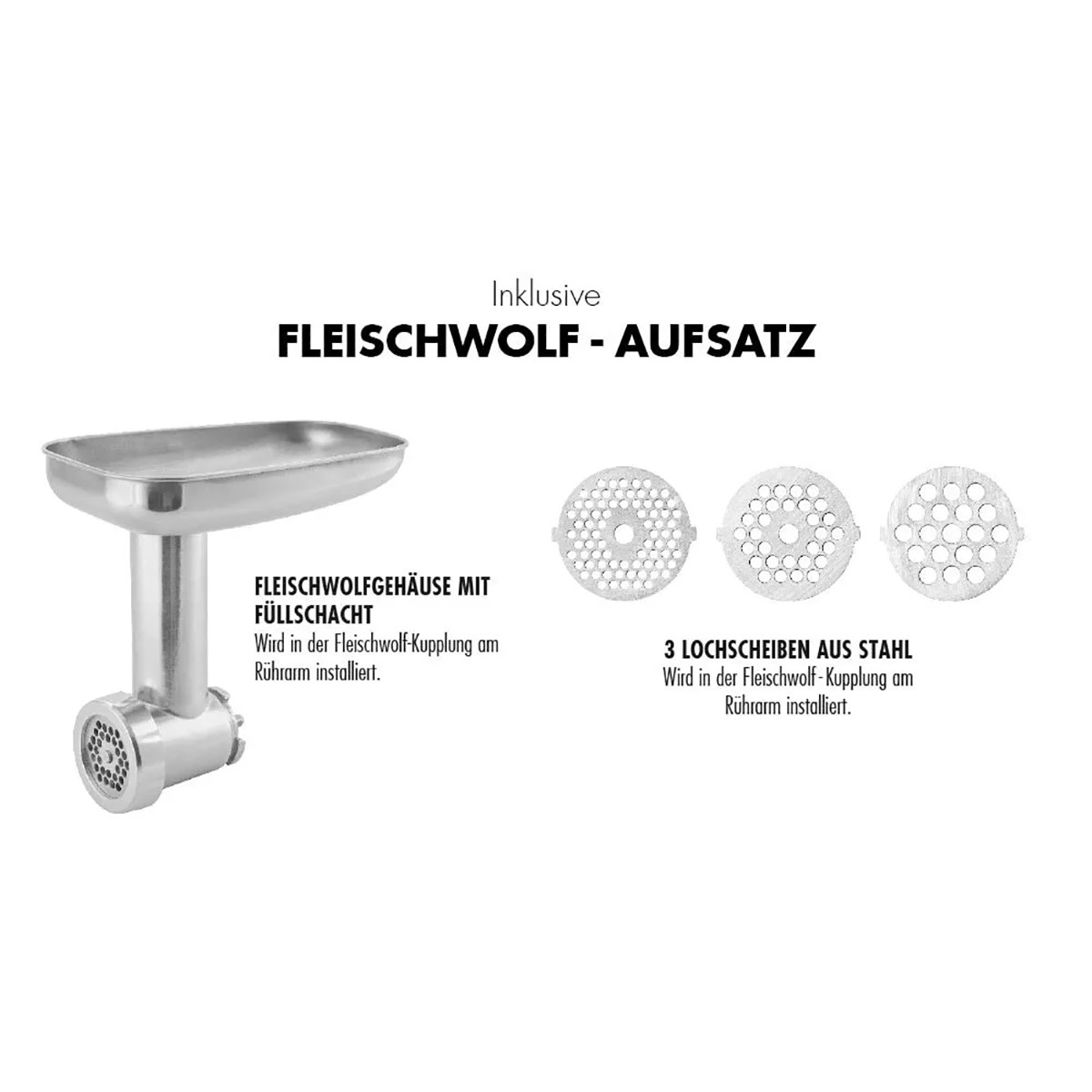 Edelstahl-Fleischwolfaufsatz mit Einfüllschale, Gehäuse und drei Stahlscheibeneinsätzen für Ihre Gastroback 40977 Küchenmaschine - silber. Inklusive deutscher Anleitung für Komponenten und Installation. Weißer Hintergrund.