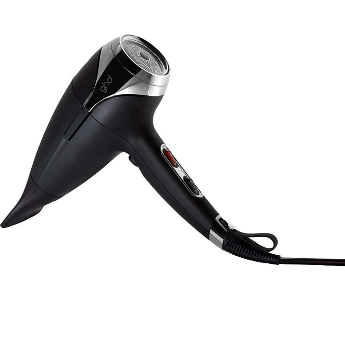 Der ghd helios Haartrockner in Schwarz von ghd mit langem Aufsatz, Netzkabel und Ionen-Technologie ist vor weißem Hintergrund abgebildet.