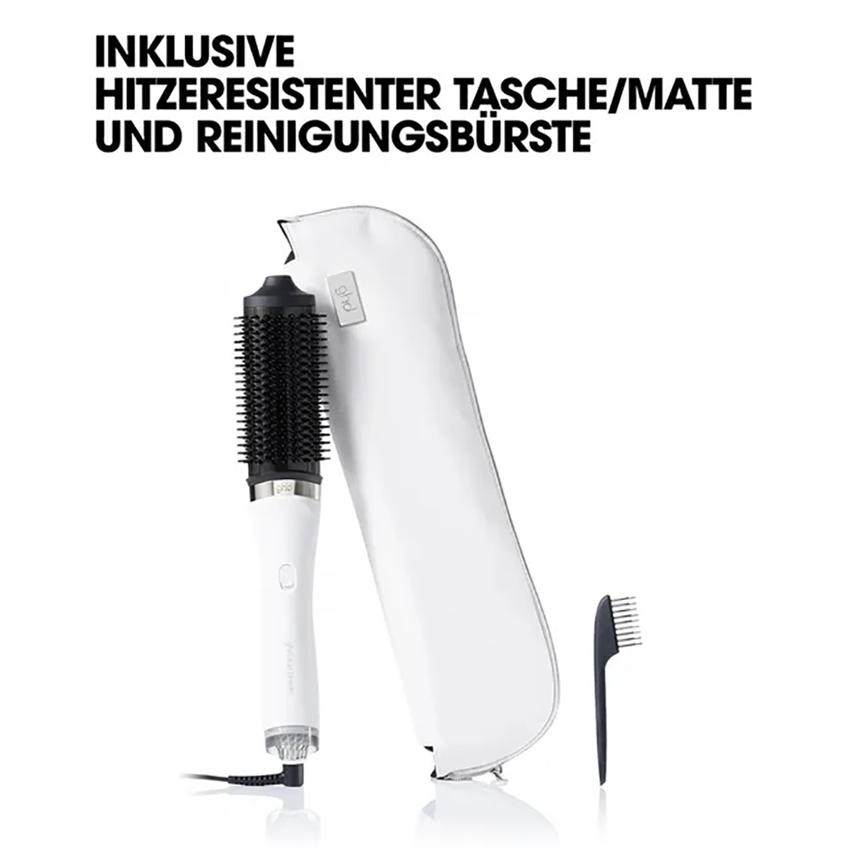 Die ghd duet blowdry Haartrocknerbürste - weiß von ghd ist ein 2-in-1-Styling-Tool-Set, das die Bürste, eine hitzebeständige Tasche und eine Reinigungsbürste enthält, alle mit deutschem Text auf weißem Hintergrund.