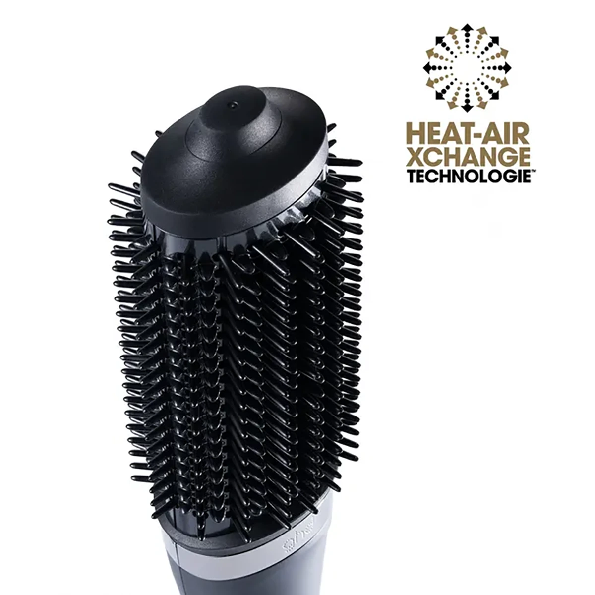 Weiße runde ghd duet blowdry Haartrocknerbürste mit Borsten; 2-in-1 Heißluftbürste Heat-Air Xchange Technologie Logo und Text auf der rechten Seite.
