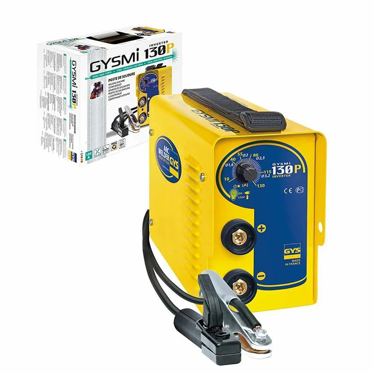 Das GYS GYSMI 130P Inverter Elektrodenschweißgerät (gelb) mit Klemmen und Kartonverpackung im Hintergrund, verfügt über die fortschrittliche PROTEC400 Technologie.