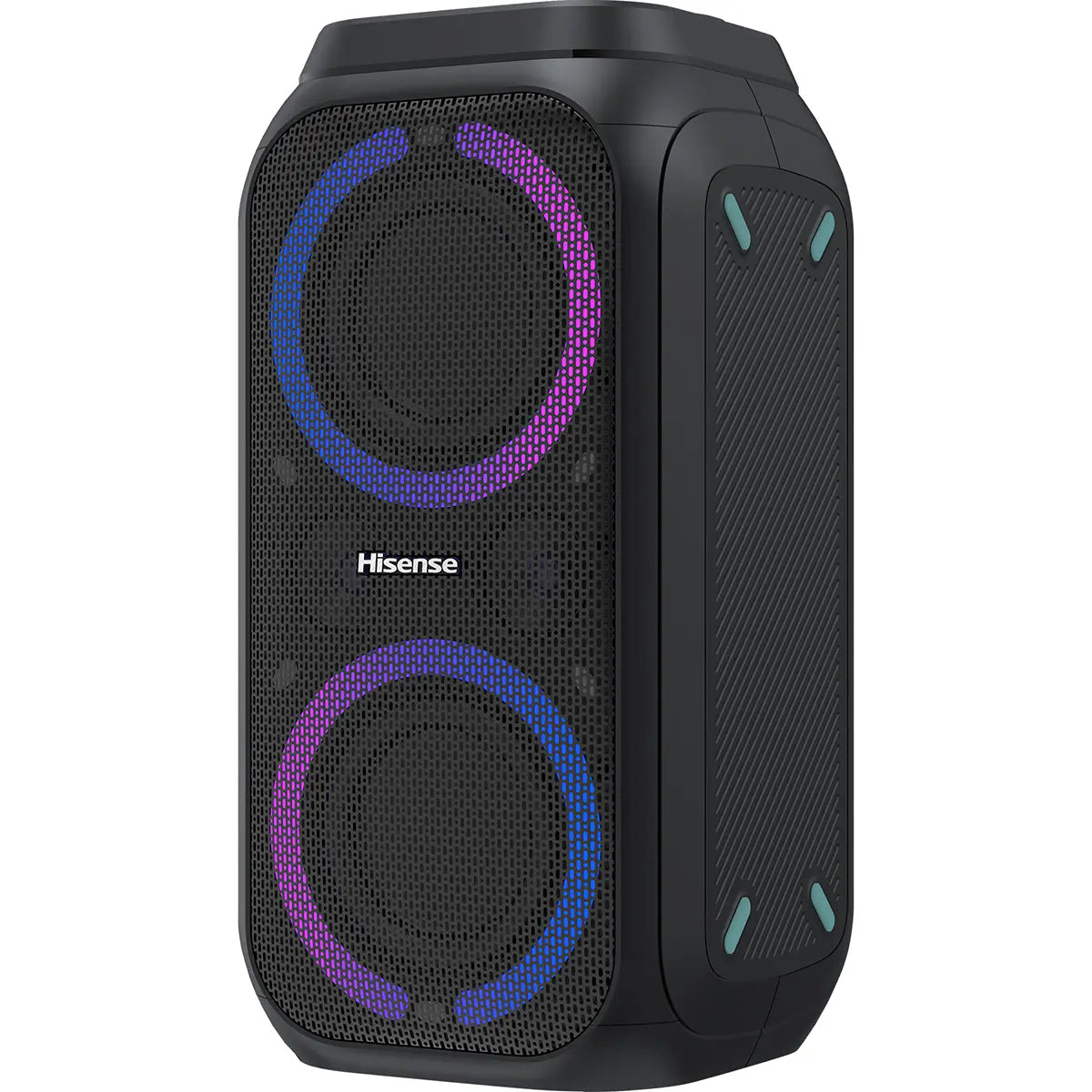 Der Hisense Party Rocket 160 ist ein schwarzer, kabelloser Party-Lautsprecher mit kreisförmigen blauen und violetten LED-Lichtern, seitlichen Akzenten in Grüntönen und einer aufregenden Karaoke-Funktion für unvergessliche Zusammenkünfte.