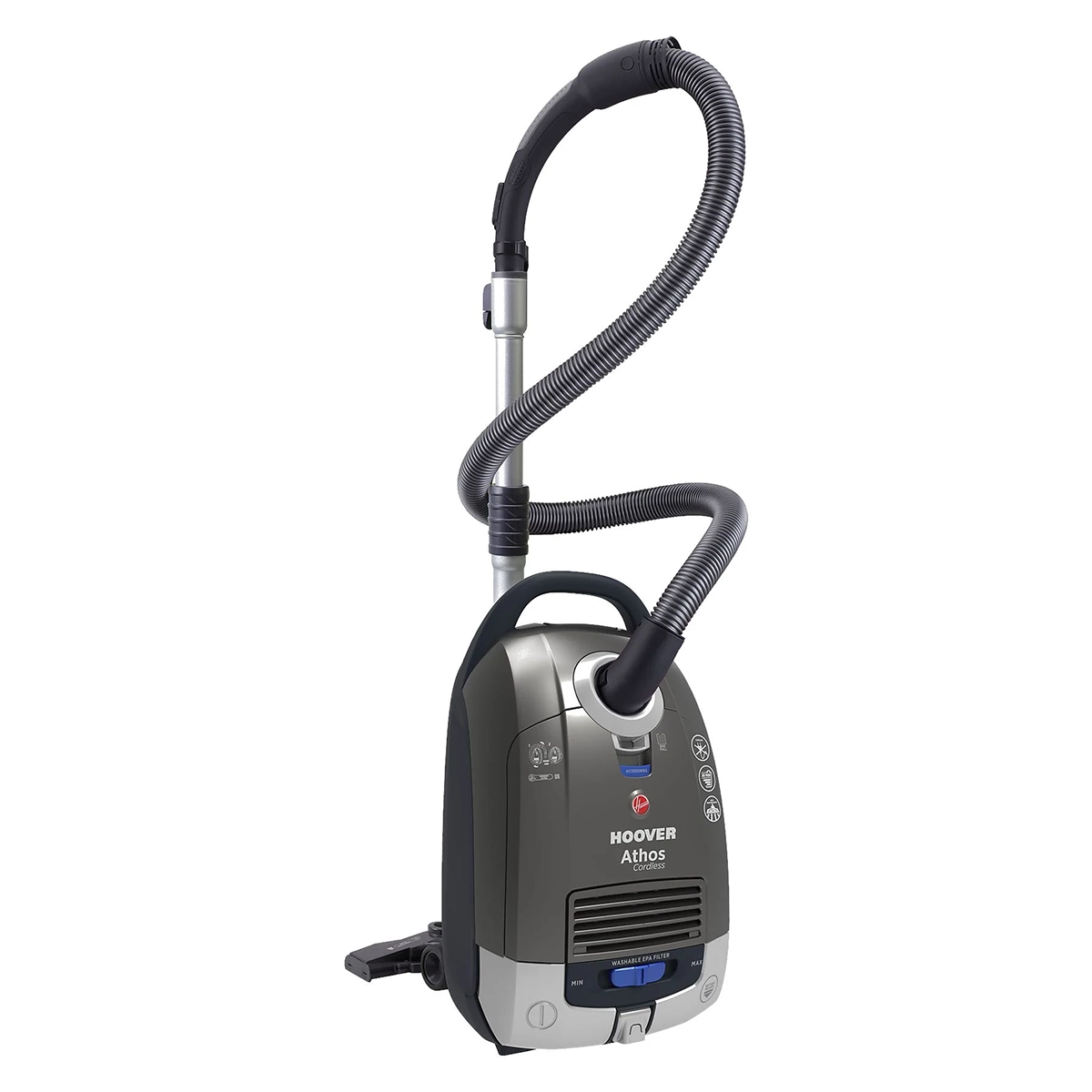 Der Hoover ATC 18 LI - Kabelloser Bodenstaubsauger in Silber und Schwarz steht aufrecht auf weißem Grund und verfügt über einen flexiblen Schlauch, ein Teleskoprohr, Bedienknöpfe auf der Vorderseite und einen 18 V Lithium-Ionen-Akku.