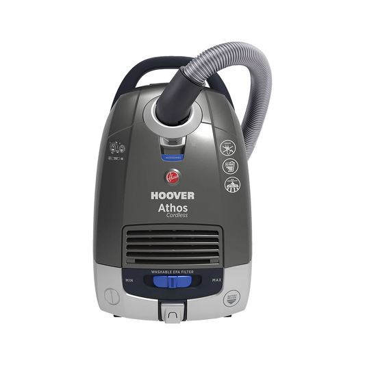 Der Hoover ATC 18 LI Kabelloser Bodenstaubsauger in Grau, hier in der Frontansicht mit flexiblem Schlauch, bietet kabellosen Komfort mit moderner 18-V-Lithium-Ionen-Technologie.