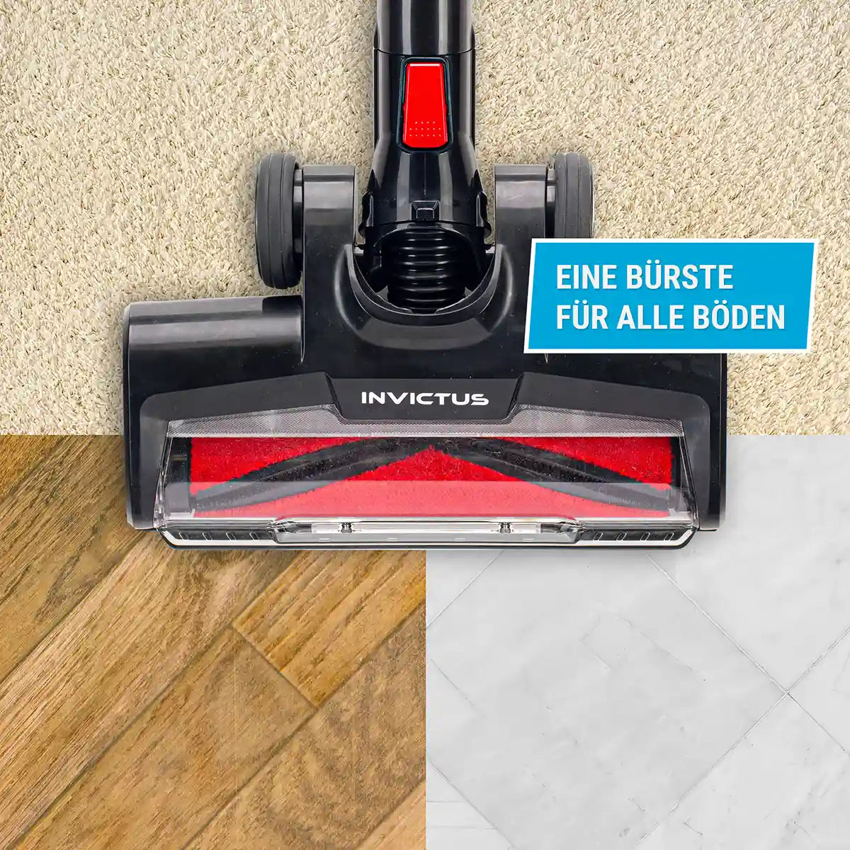 Der INVICTUS X9 Akkustaubsauger in Schwarz reinigt Teppich, Holz und Fliesen mit nur einer Bürste. Das blaue Label "EINE BÜRSTE FÜR ALLE BÖDEN" und der HEPA-Filter sorgen für saubere Ergebnisse auf allen Bodenarten.
