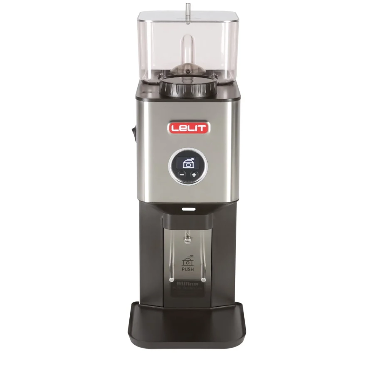 Die Lelit WILLIAM PL72 Kaffeemühle von Lelit zeichnet sich durch ein silber-schwarzes Design, präzises Espressomahlen, eine digitale Anzeige und einen transparenten Bohnenbehälter aus.