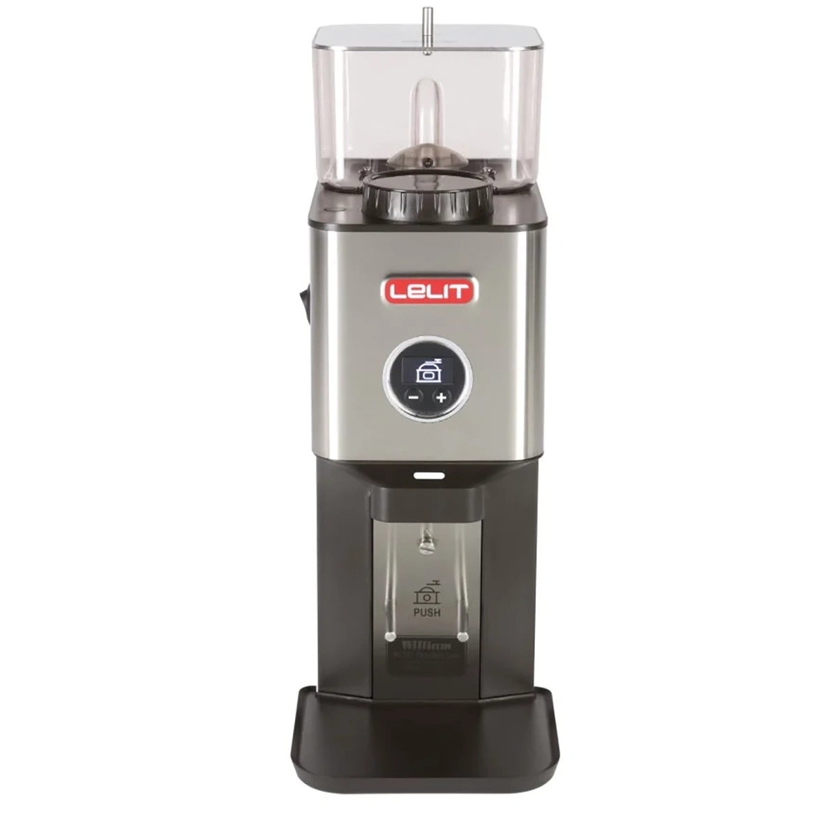 Die Lelit WILLIAM PL72 Kaffeemühle – silber von Lelit verfügt über ein digitales Display und einen transparenten Bohnenbehälter und eignet sich mit ihrem stilvollen silbernen Design ideal zum Mahlen von frischem Espresso.