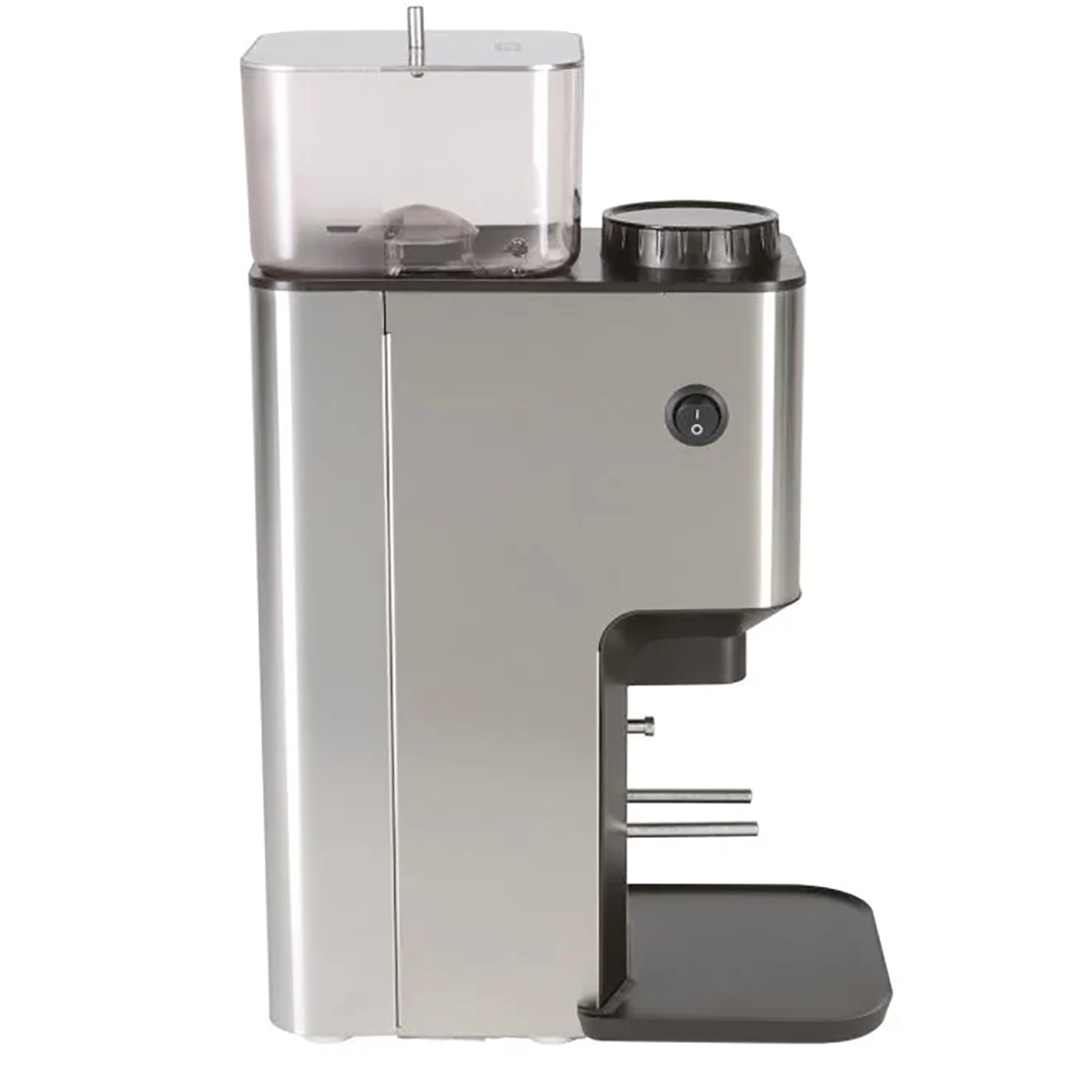 Seitenansicht der Lelit WILLIAM PL72 Kaffeemühle von Lelit, mit einem durchsichtigen Bohnenbehälter oben und einer schwarzen Abtropfschale unten.