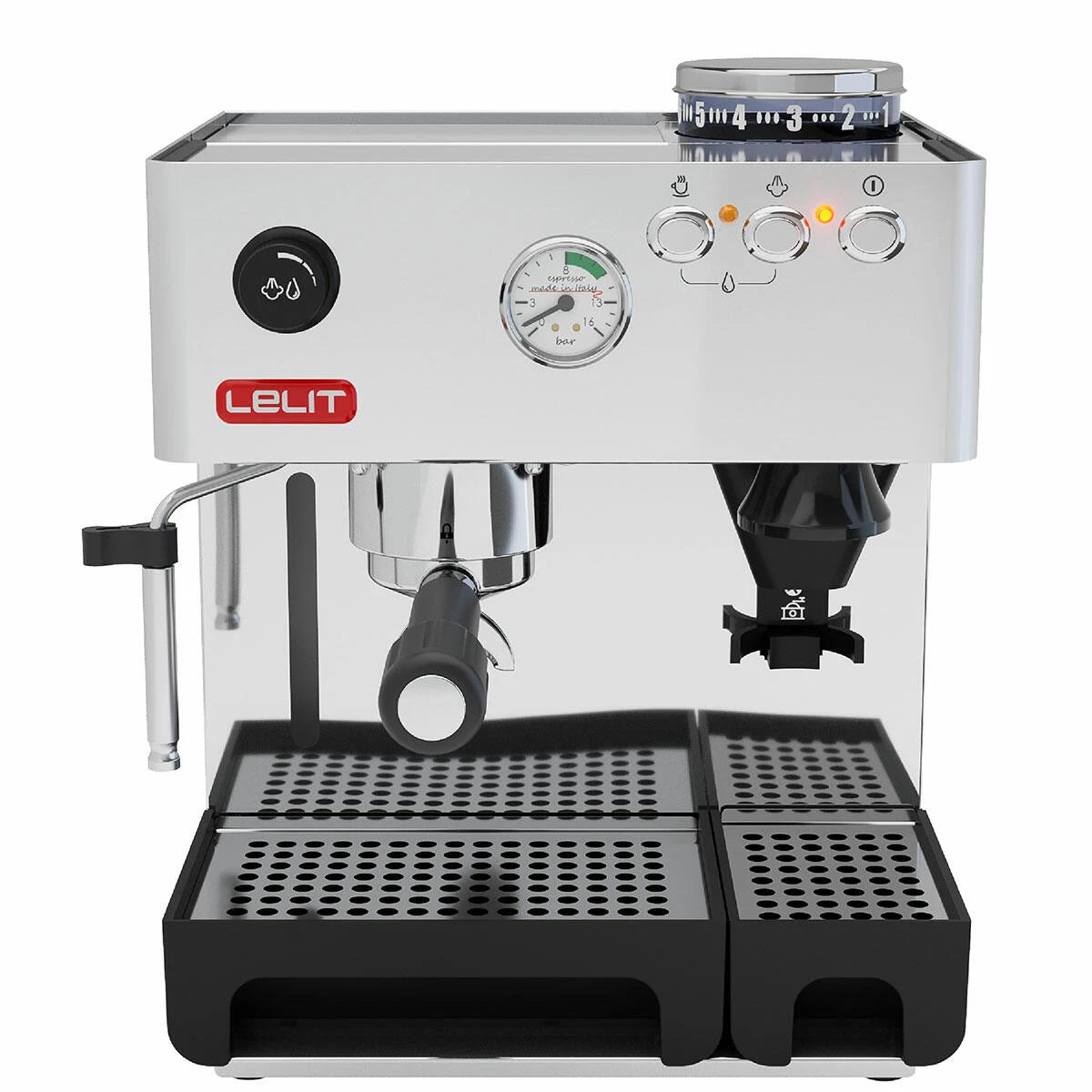 Die Lelit Anita PL042EM Espressomaschine mit Mühle - Edelstahl von Lelit verfügt über ein Dampfrohr, ein Manometer, Bedienknöpfe, eine Tropfschale, beleuchtete Kontrollleuchten und eine Einschalttaste an der Vorderseite.