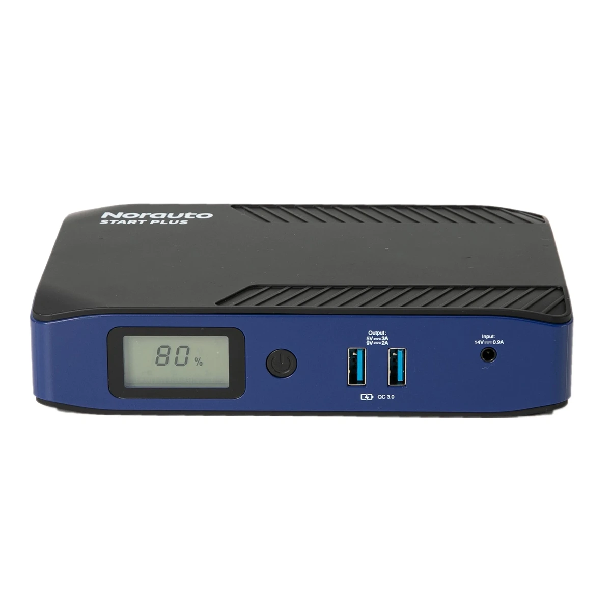 Der Norauto Starthilfe-Booster "Start Plus", 12 V, ist eine rechteckige schwarz-blaue Powerbank mit LCD-Anzeige für 80%, USB-Anschlüssen und Lithium-Booster Powerbank-Funktion zum bequemen Laden.