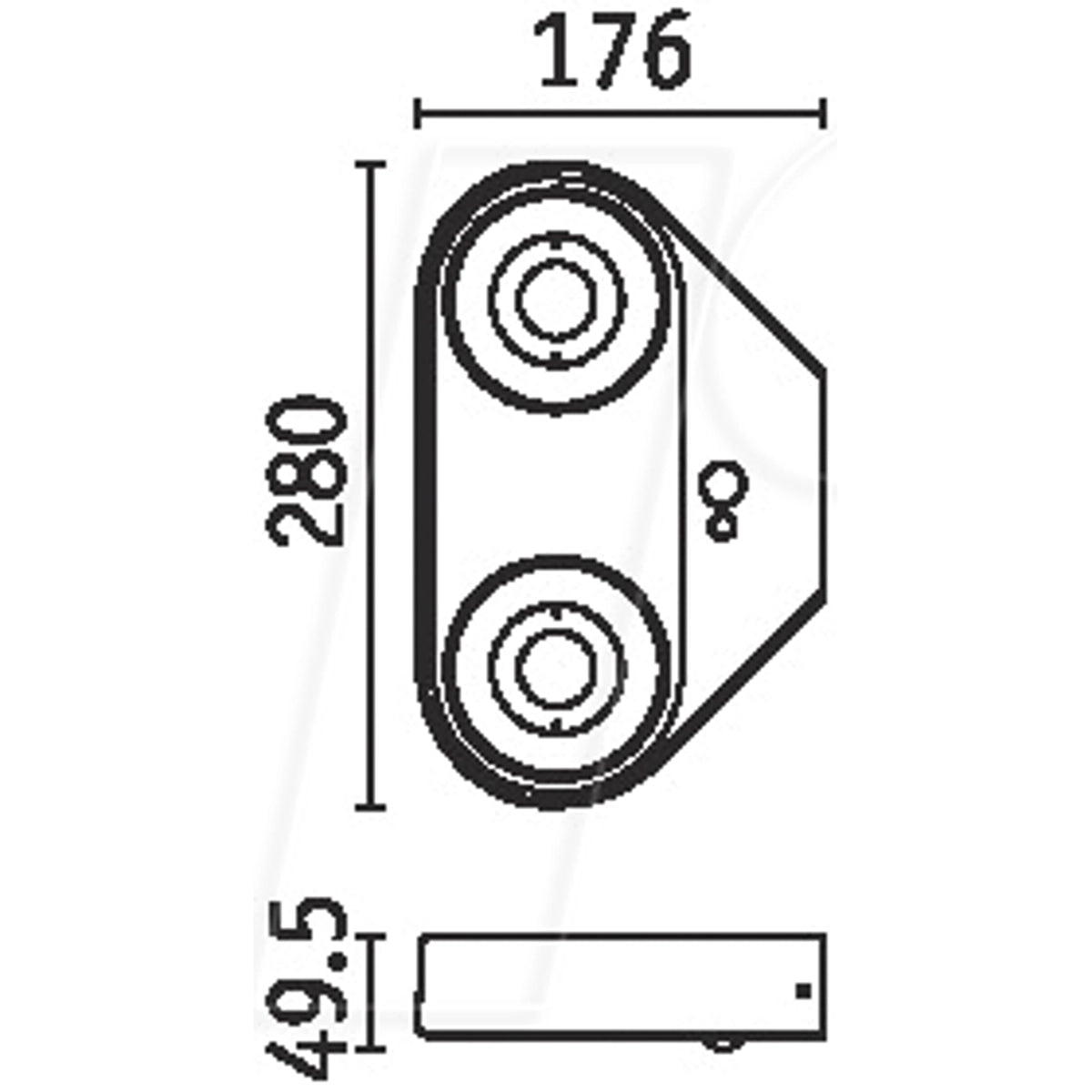 Technische Zeichnung der Paulmann Silma LED-Außenwandleuchte von Paulmann, zeigt Seiten- und Draufsicht mit zwei kreisförmigen Löchern. Maße: 176 mm (B), 280 mm (H), 49,5 mm (T). Geeignet für Dämmerungssensor-Systeme und Außenbeleuchtung.