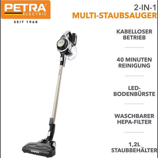 Der Petra 2in1 Staubsauger - schwarz von Petra ist ein kabelloser, beutelloser Staubsauger mit 40 Minuten Laufzeit, LED-Bodenbürste, auswaschbarem HEPA-Filter und 1,2 Liter Staubbehälter. Dieses Standmodell zeichnet sich durch ein schlankes, modernes Design aus.