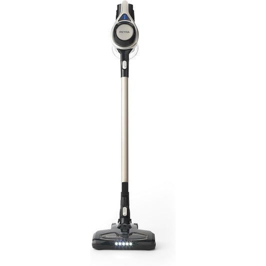 Der Petra 2in1 Staubsauger - schwarz ist ein moderner, schlanker Standstaubsauger mit beutellosem Design, HEPA-Filter für saubere Luft, LED-Bodenbeleuchtung und dem Schriftzug Petra auf der Front.