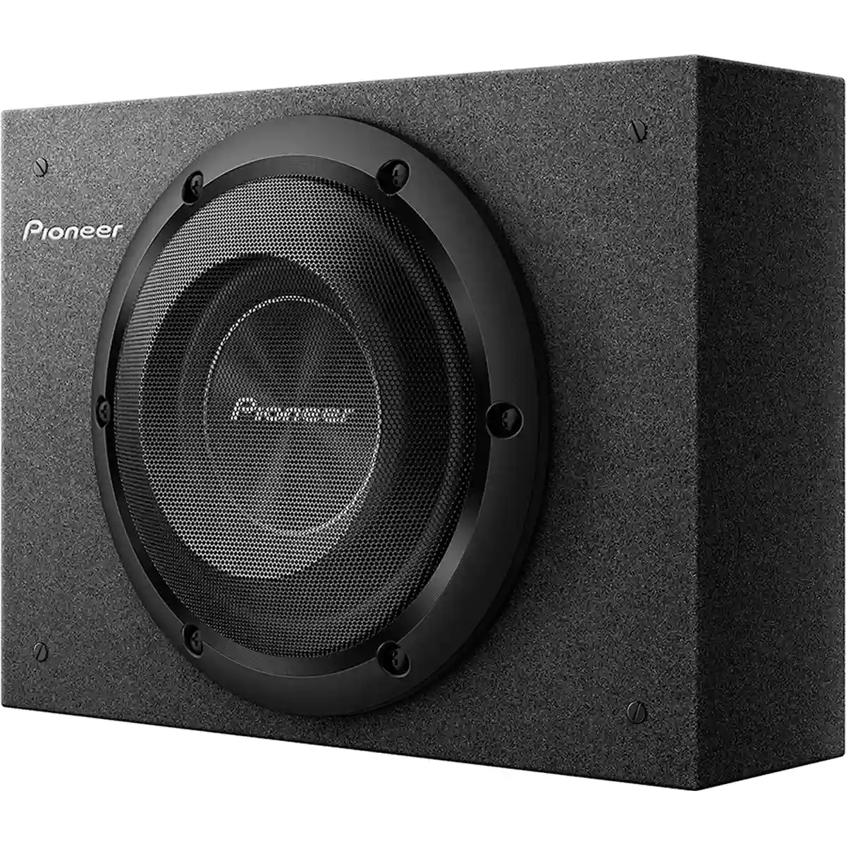 Der Pioneer A-Series TS-A2000LB 8" Subwoofer hat ein schwarzes, rechteckiges Gehäuse mit einem runden Schutzgitter.