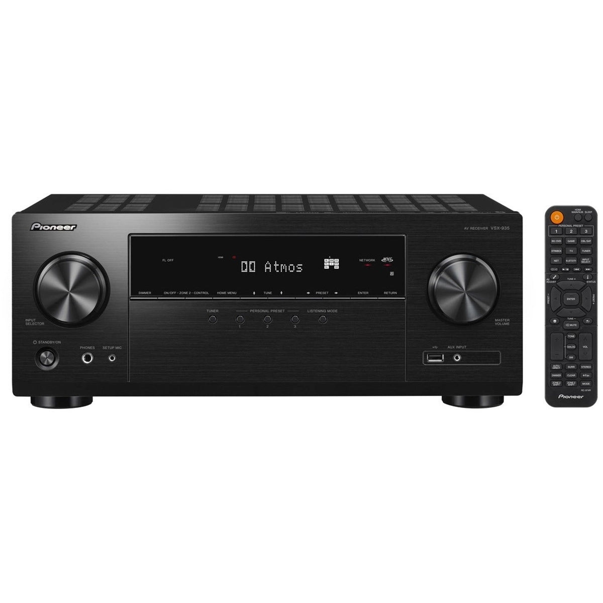 Der schwarze Pioneer VSX-935M2 7.2-Kanal-AV-Receiver verfügt über ein digitales Display, große Drehregler und Tasten sowie eine Fernbedienung. Er unterstützt Dolby Atmos und 8K für ein immersives audiovisuelles Erlebnis.