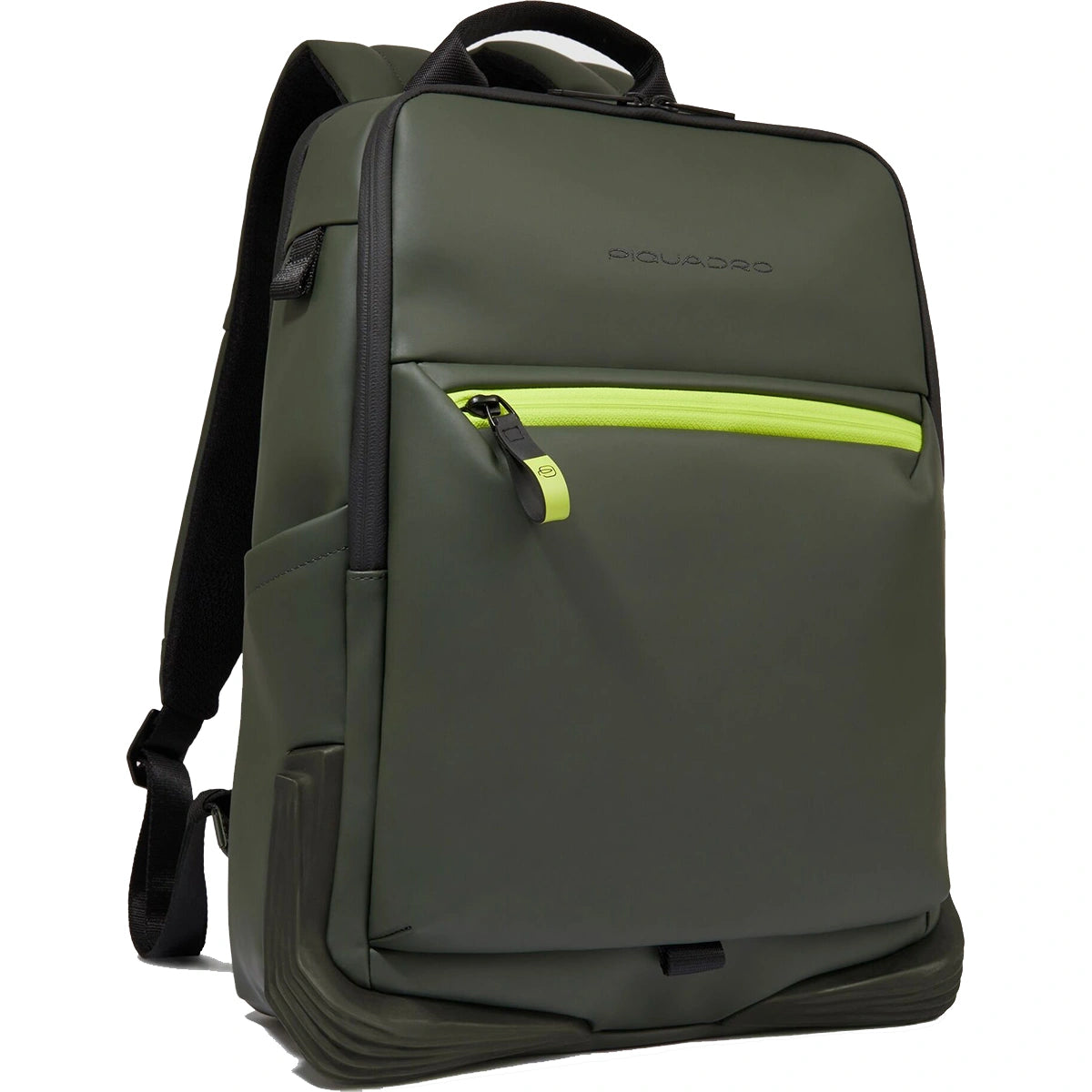 Der Piquadro C20W Business-Rucksack in Grün von Piquadro verfügt über einen Griff an der Oberseite, schwarze Details, RFID-Schutz, eine Vordertasche mit neongelbem Reißverschluss und ein gepolstertes Laptopfach für mehr Komfort.