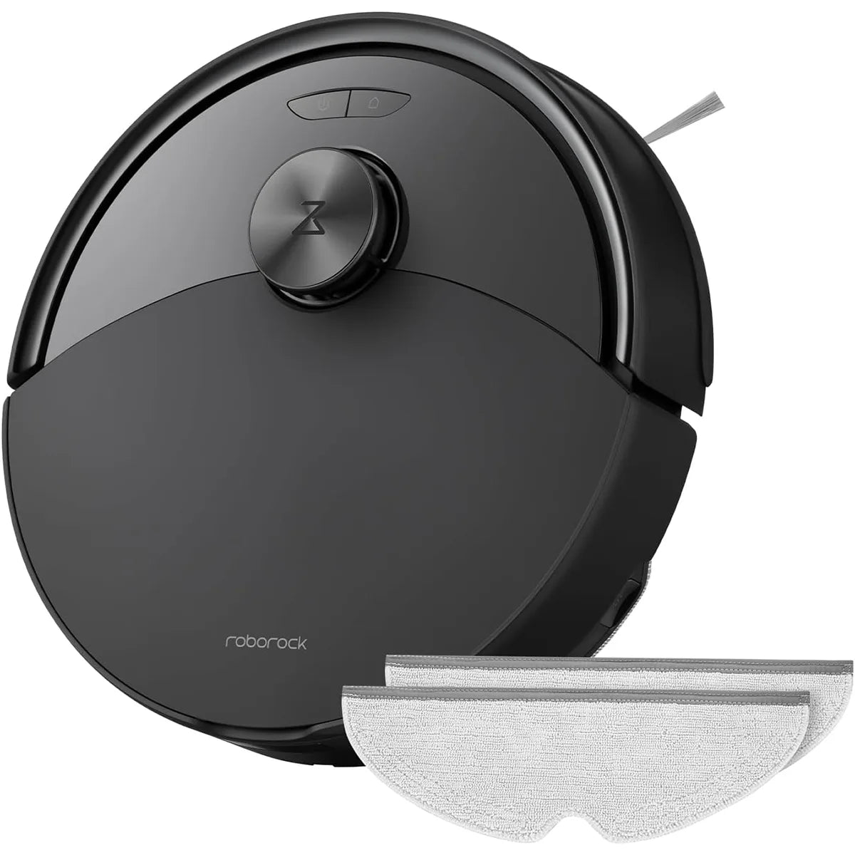 Der Roborock Q10 S5-Set - Saugroboter mit Wischfunktion in Schwarz von Roborock ist ideal zur Teppichreinigung und zur Entfernung von Tierhaaren, dank abnehmbarer Mopvorrichtung an der Vorderseite.