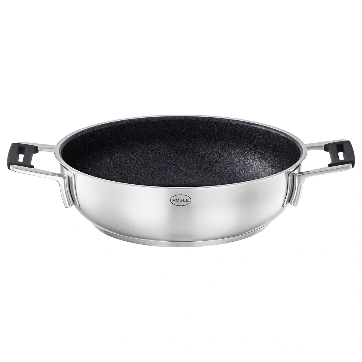 Die Rösle SILENCE PRO Servierpfanne 24 cm ist eine Edelstahlpfanne mit zwei schwarzen Seitengriffen und langlebiger ProResist-Antihaftbeschichtung, abgebildet auf weißem Grund.
