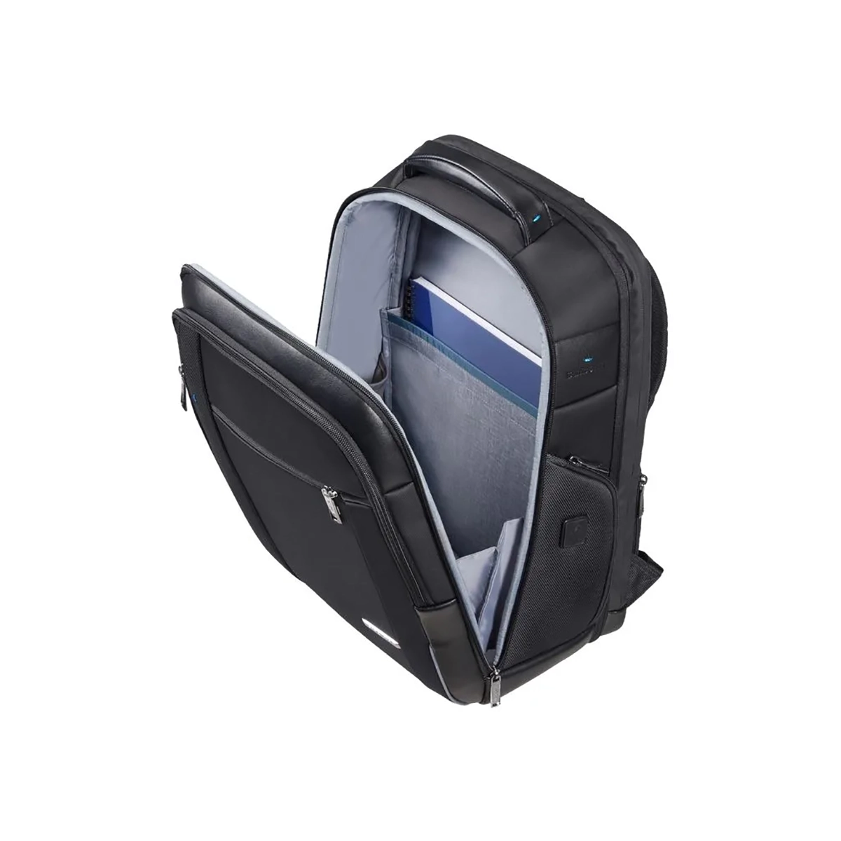 Der Samsonite Spectrolite 3.0 Rucksack von Samsonite besticht durch sein schwarzes Design mit einem offenen Hauptfach, in dem ein Laptop im 15-Zoll-Fach und Dokumente in organisierten Taschen Platz finden - stilvoll und praktisch für den geschäftlichen Einsatz.