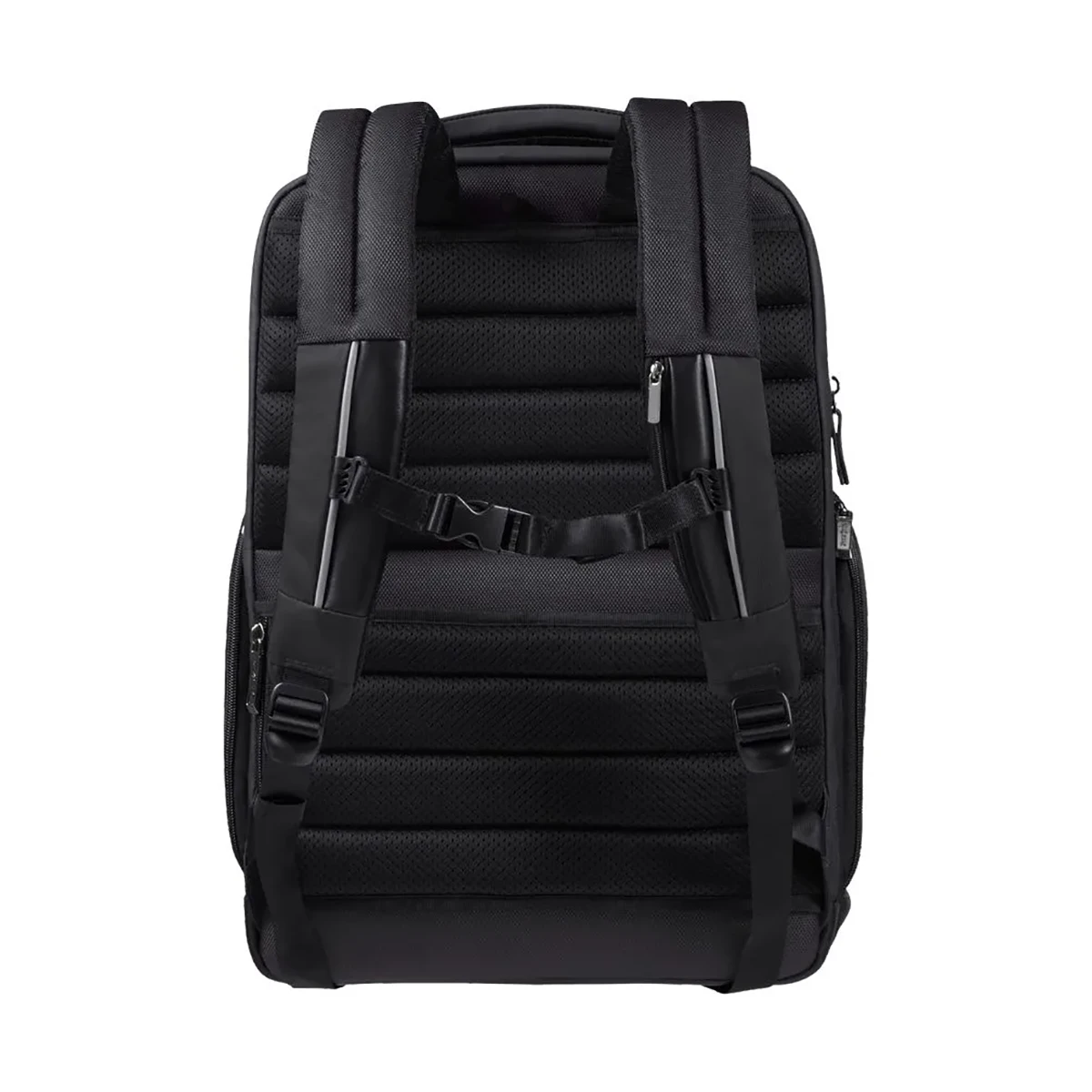 Der Samsonite Spectrolite 3.0 Rucksack in Schwarz zeigt sich von hinten und hebt die gepolsterten Schultergurte, eine Brustschnalle und ein separates 15"-Laptopfach für optimale Organisation hervor.