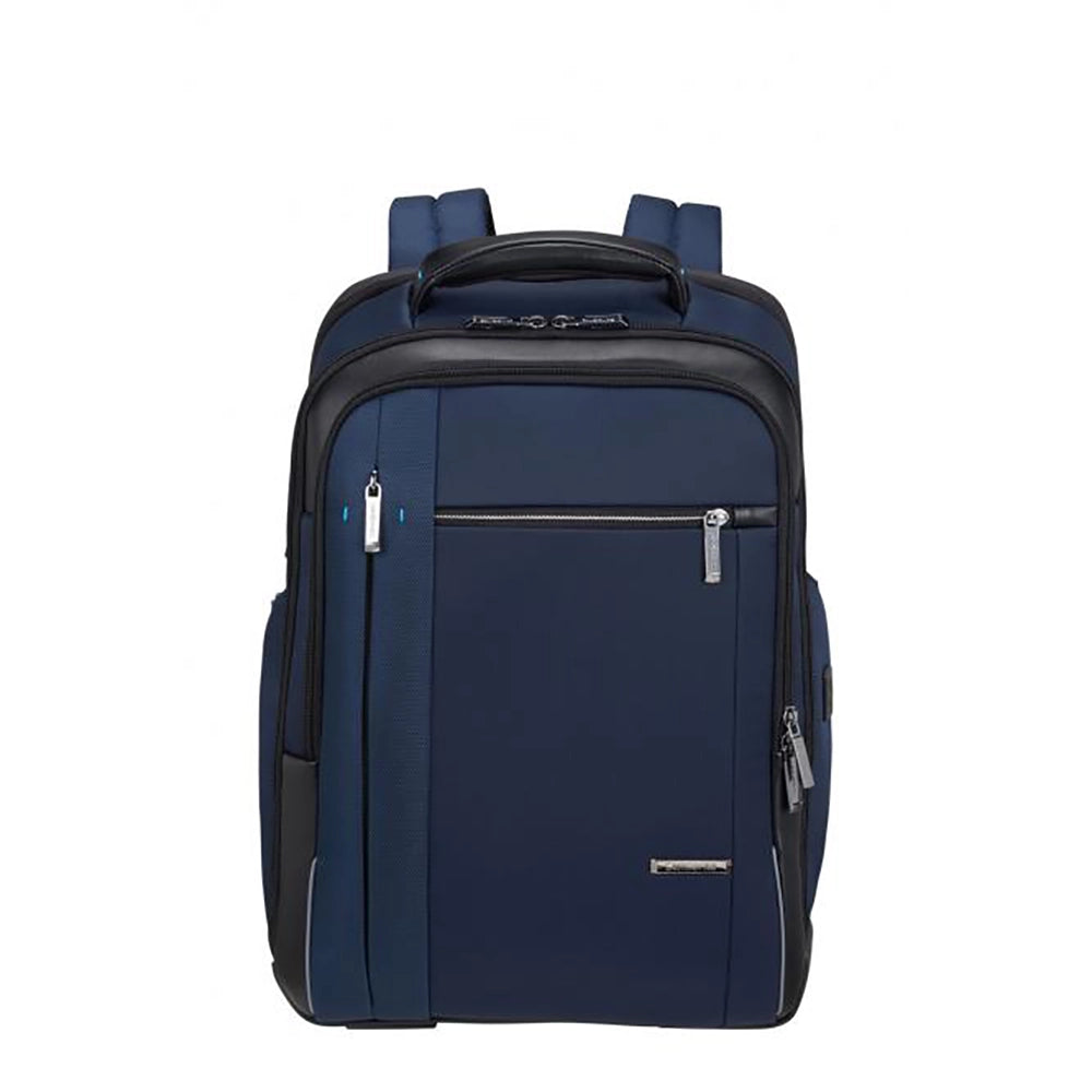 Der Samsonite Spectrolite 3.0 Rucksack 17,3" in Deep Blue von Samsonite verfügt über mehrere Reißverschlussfächer, gepolsterte Schultergurte und einen Tragegriff an der Oberseite, abgebildet auf weißem Hintergrund.