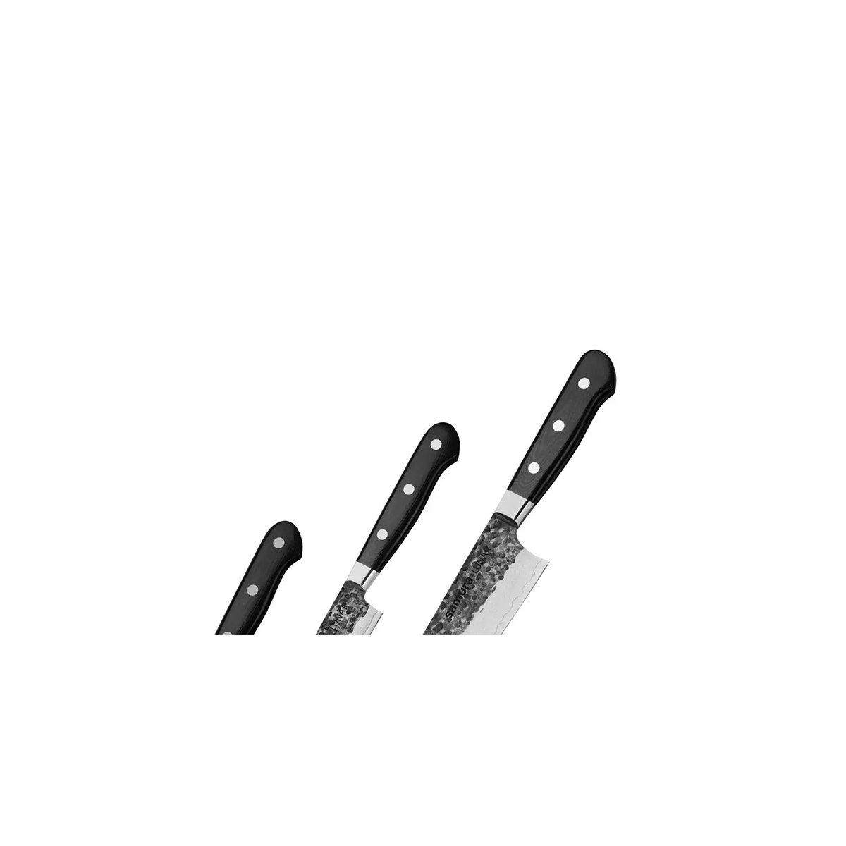 Drei Küchenmesser mit schwarzem Griff und teilweise sichtbaren Nieten aus dem Samura Pro-s Lunar Set - schwarz von Samura, dargestellt vor einem schlichten weißen Hintergrund.