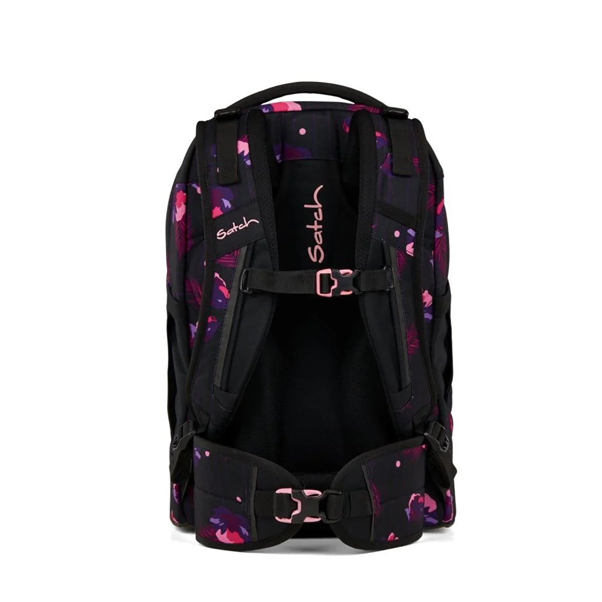 Der Satch Pack Schulranzen - Mystic Nights von Satch überzeugt mit schwarz-pink-violettem Muster, gepolsterten Trägern, ergonomischem Design und besteht aus recycelten PET-Flaschen - ideal für umweltbewusste Schüler.