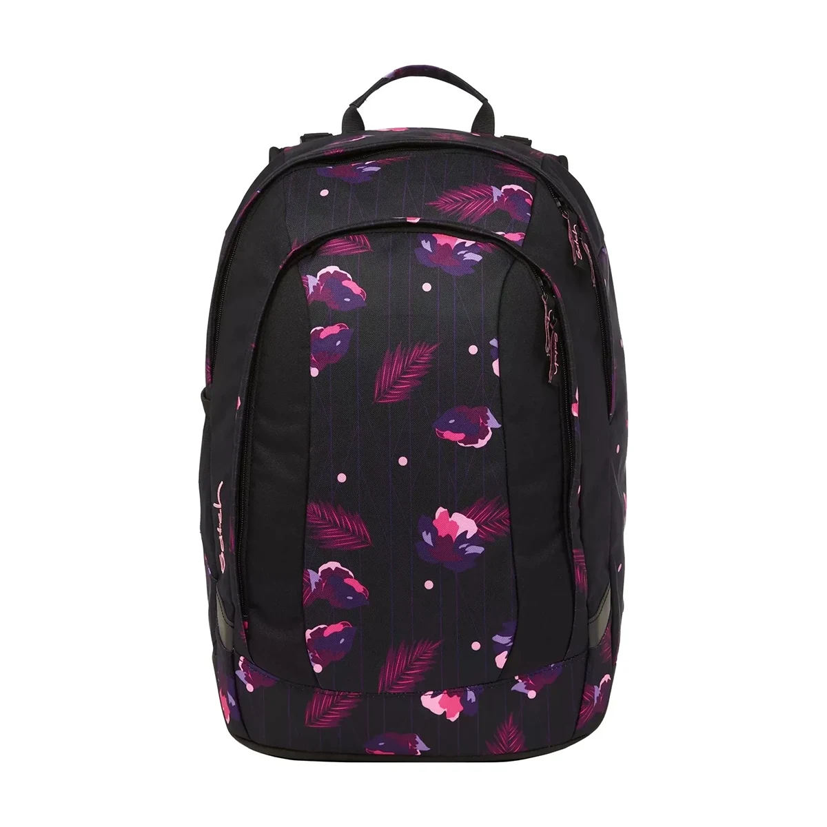 Ergonomischer, erweiterbarer Satch Match Schulrucksack - Mystic Nights: Schwarzer Rucksack von Satch mit pink-lilafarbenem Blumen- und Blättermuster auf weißem Hintergrund.