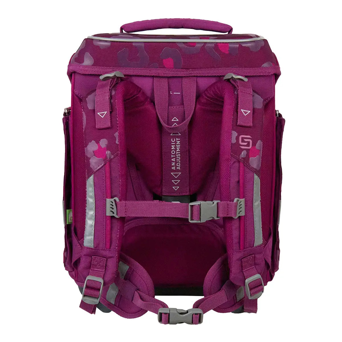 Das 9-teilige Schneiders Ergolite Berry Paw Schulranzen-Set in Magenta bietet von hinten verstellbare, gepolsterte Träger, einen Griff und reflektierende Akzente.