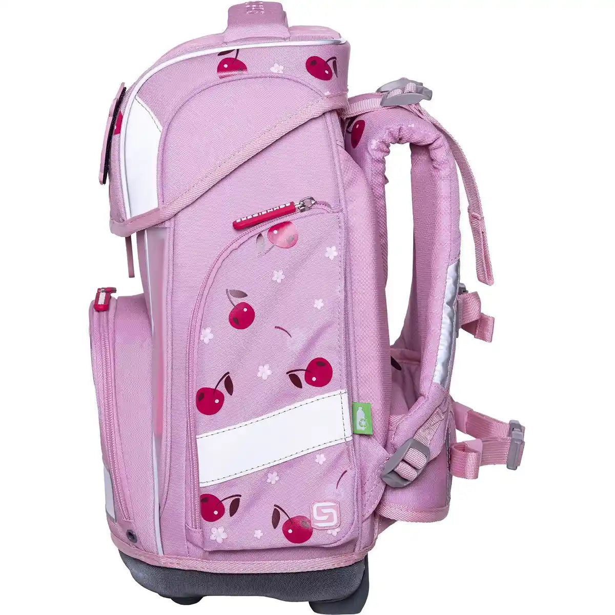 Das Schneiders Ergolite "Berry Blossom" 9-teiliges Schulranzen-Set verfügt über Kirsch- und Blütendesigns, gepolsterte Gurte, mehrere Reißverschlussfächer, LED Leuchtstäbe und reflektierende weiße Streifen für die Sicherheit - hier aufrecht von der Seite.