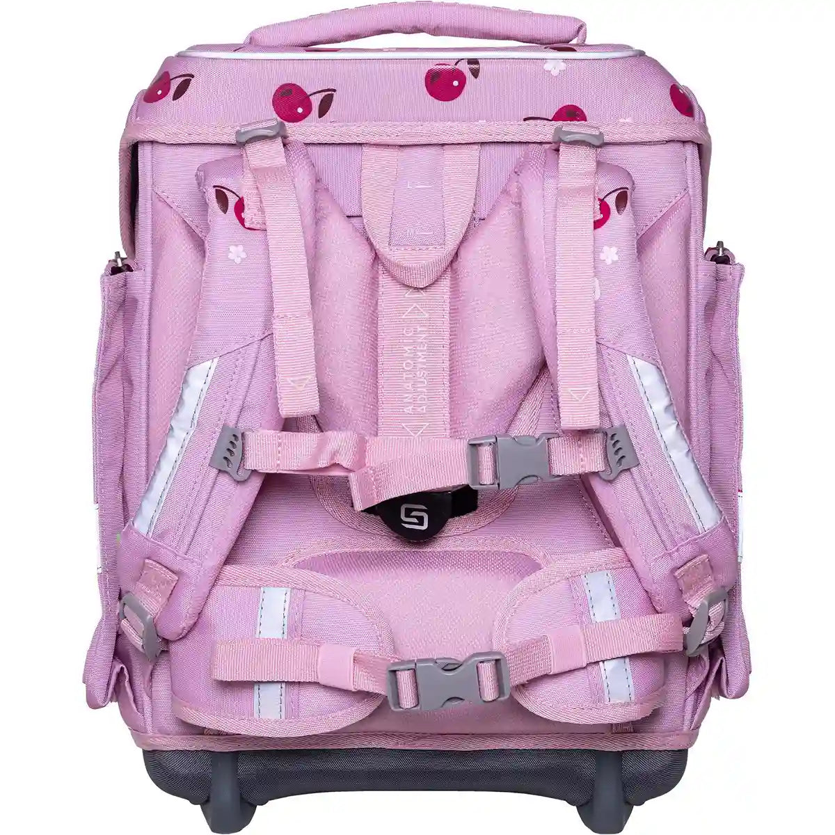 Das 9-teilige Schulranzen-Set "Berry Blossom" von Schneiders Ergolite zeichnet sich durch ein kirschrotes Design, verstellbare, gepolsterte Träger, reflektierende Streifen, eine ergonomische Rückenpolsterung, Seitentaschen und sichere Schnallen aus - für Komfort und Stil von hinten gesehen.