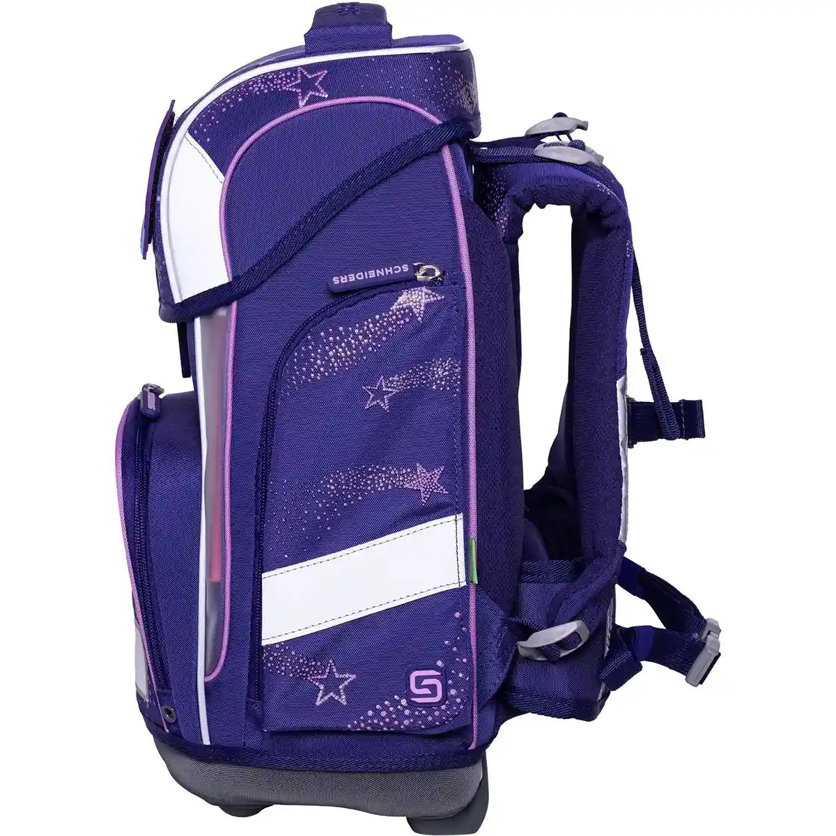 Das Schneiders Ergolite "Dark Hunter" 9-teiliges Schulranzen-Set zeichnet sich durch Sternenmuster, ergonomisch gepolsterte Schultergurte und mehrere Fächer aus. Seitlich abgebildet ist dieser leichte Rucksack von Schneiders perfekt für den Schulalltag geeignet.