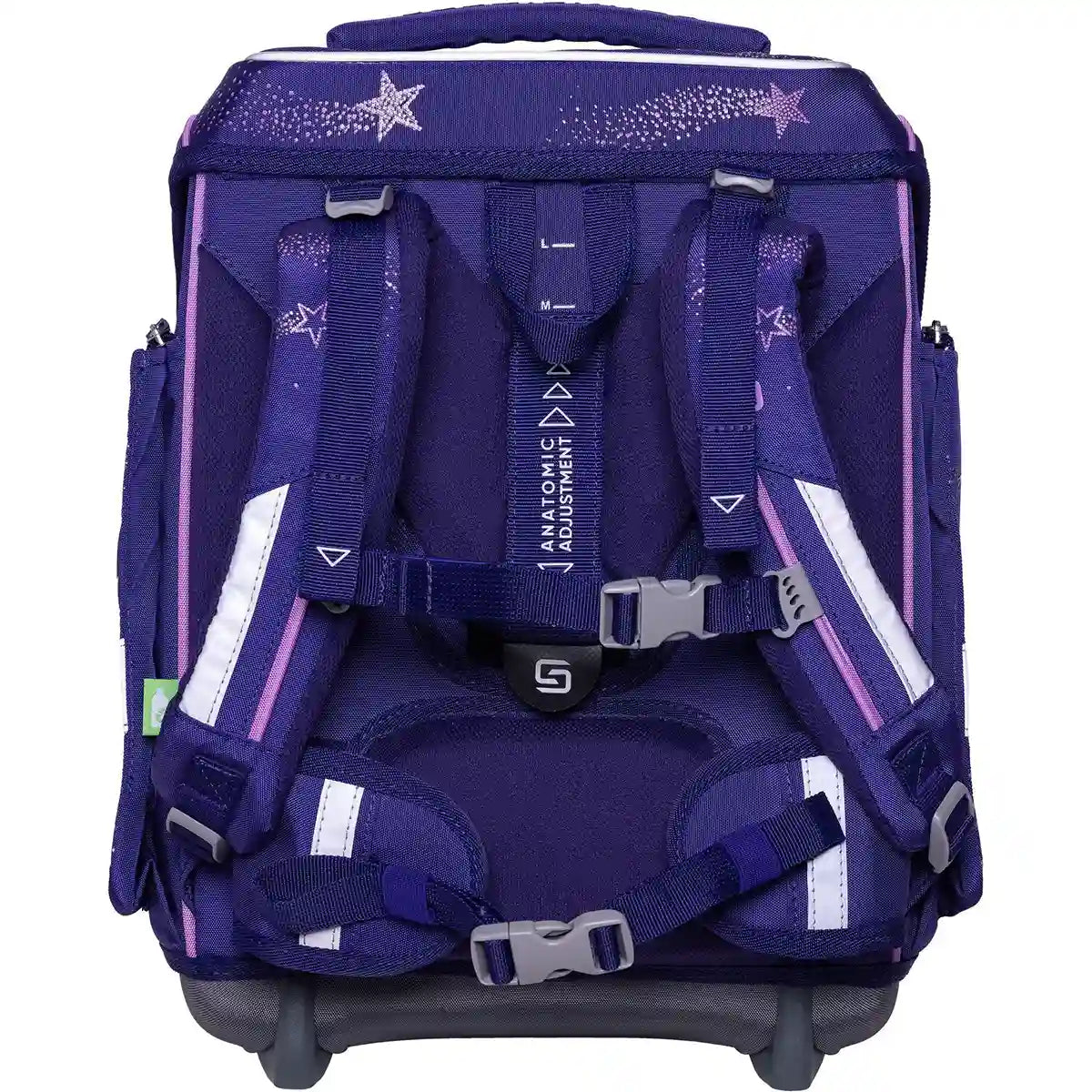 Das Schneiders Ergolite "Dark Hunter" 9-teiliges Schulranzen-Set ist ein leichter, lilafarbener Schulranzen mit Sternenmotiven, reflektierenden Akzenten, verstellbaren, gepolsterten Trägern, Tragegriff oben und einer ergonomischen Rückenlehne mit Einstellanleitung für den Komfort.