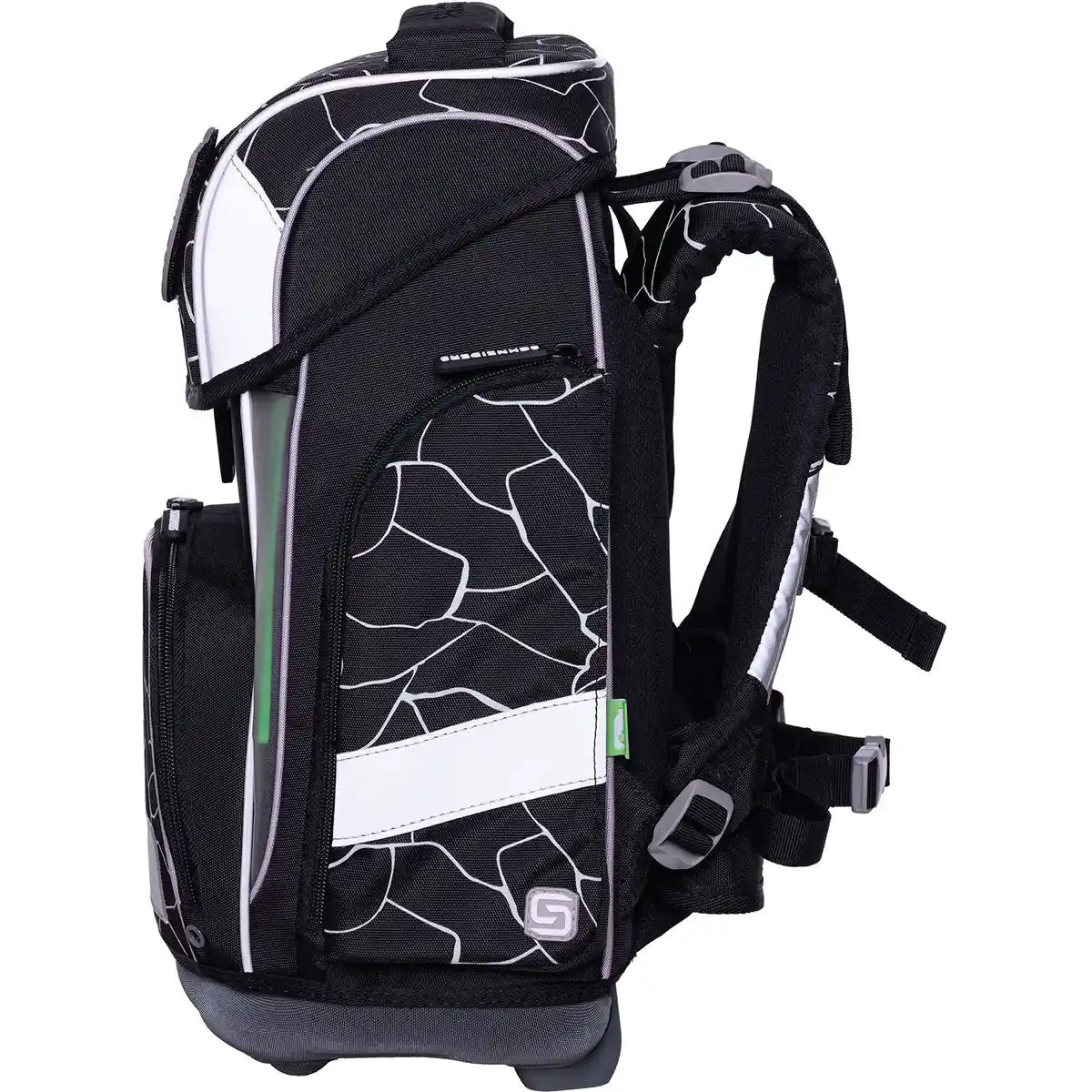 Das Schneiders Ergolite "Dark Hunter" 9-teilige Schulranzen-Set in Schwarz-Weiß bietet gepolsterte Träger, Seitentaschen und ein geometrisches Muster. Ergonomisch, leichtgewichtig und seitlich abgebildet.
