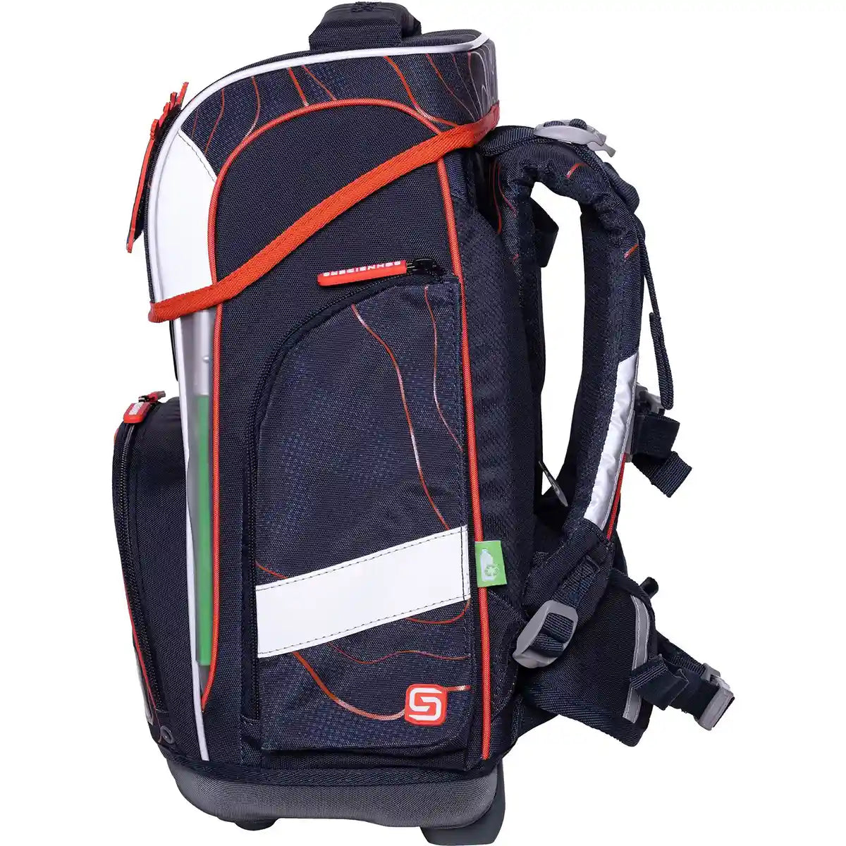 Schneiders Ergolite "Ninja Revenge" - 9-teiliges Schulranzen-Set: Dunkelblauer und schwarzer ergonomischer Rucksack mit roten Akzenten, mehreren Taschen und gepolsterten Trägern, von der Seite gezeigt. Marke: Schneiders.