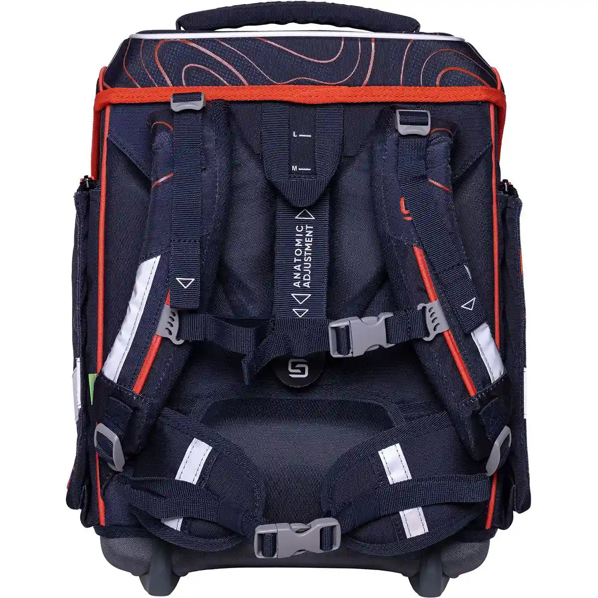 Der Schneiders Ergolite "Ninja Revenge" Schulrucksack in marineblau mit roten Akzenten verfügt über gepolsterte Gurte, mehrere Verstellschnallen und ist von hinten abgebildet.