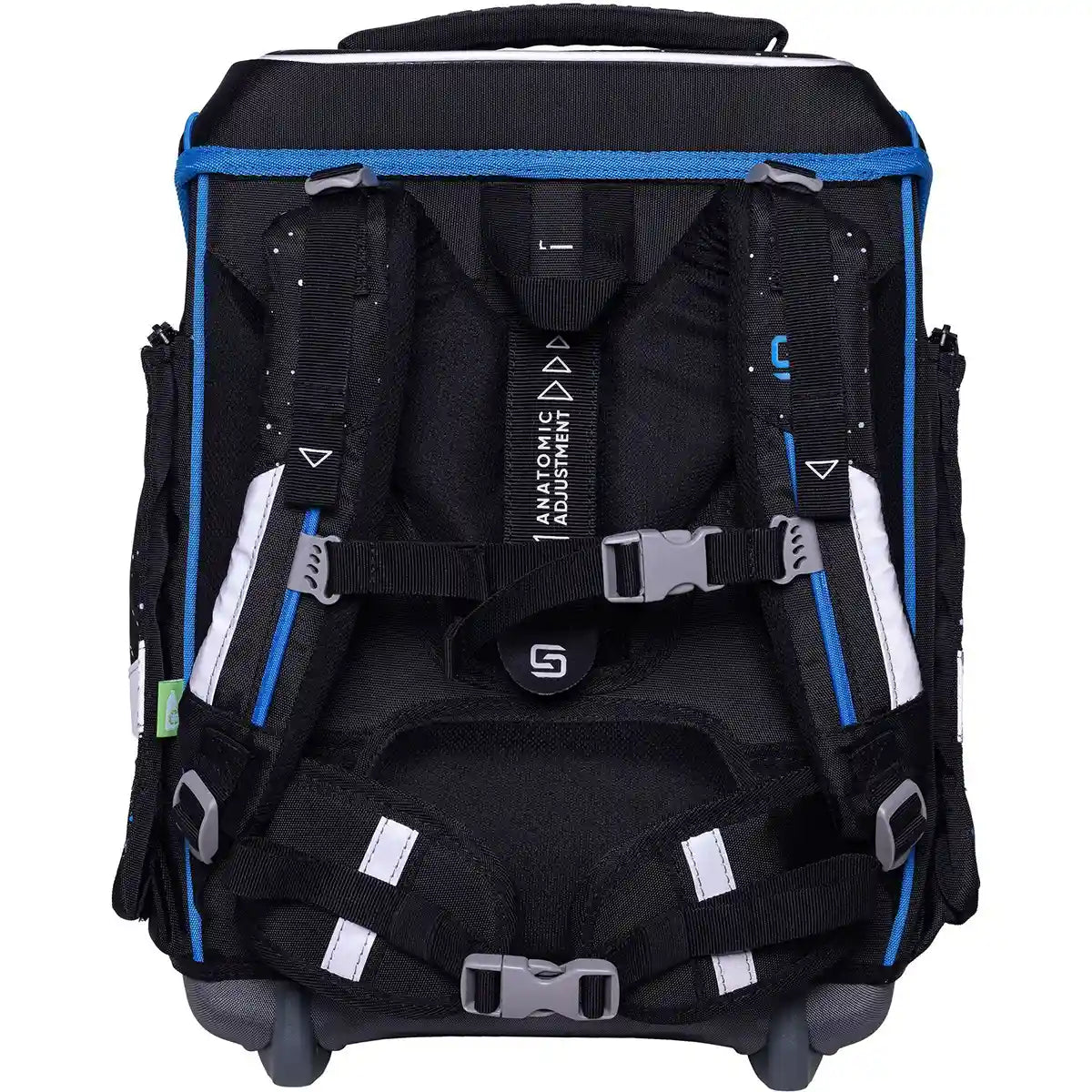 Das 9-teilige Schneiders Ergolite "Space Quest" Set besteht aus einem schwarz-blauen ergonomischen Schulranzen mit gepolsterten Trägern, mehrfach verstellbaren Schnallen, Seitentaschen, Reflexstreifen und einem "Anatomic Adjustment"-Etikett auf dem mittleren Rückengurt.