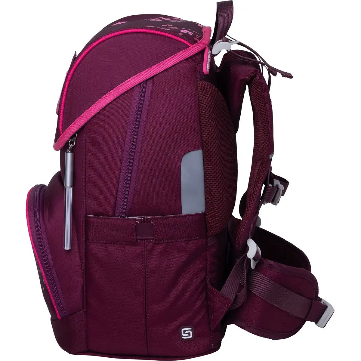 Seitenansicht des Schneiders Ergojet Set Floral Fantasy Schulranzen, ein kastanienbrauner, leichter Rucksack mit rosa Akzenten, Reißverschlusstaschen und ergonomisch gepolsterten Schultergurten von Schneiders.