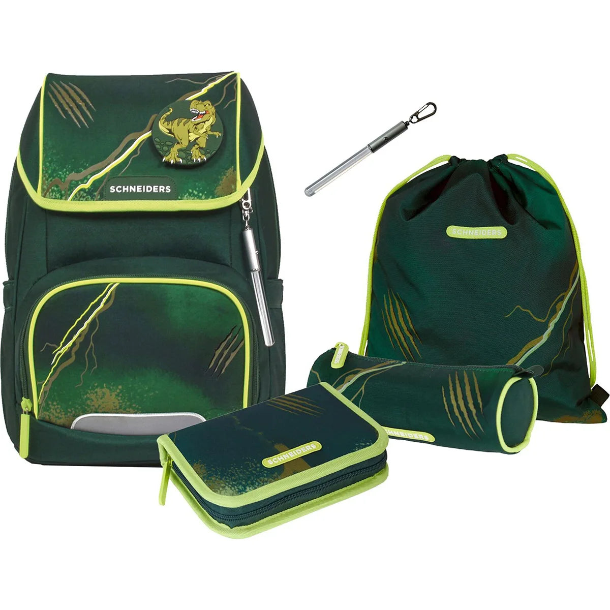 Das Schneiders Ergojet Dino olive Schulranzen-Set besteht aus einem ergonomischen Schulranzen, einem Federmäppchen, einem Kordelzugbeutel, einem Etui mit Reißverschluss und einem Kugelschreiber - alles in Dunkelgrün mit gelb-grünen Akzenten und Dinosaurierklauen-Motiven.