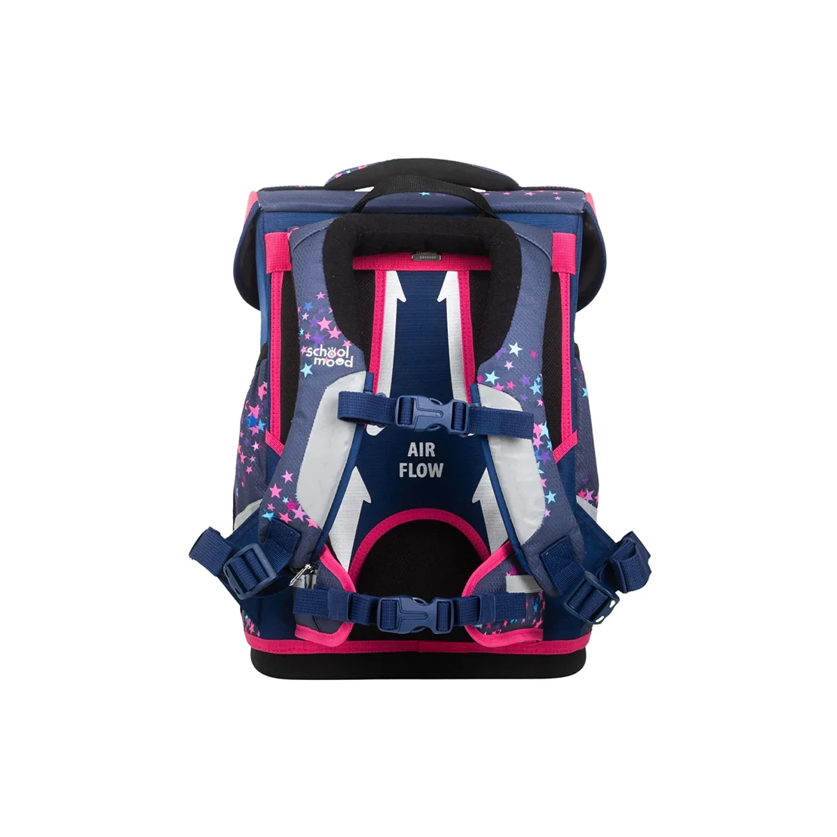 Das School-Mood Champion Schulranzen-Set 7-teilig "Leni" ist ein marineblauer und rosafarbener Kinderrucksack mit Sternen, gepolsterten Trägern und einem Air Flow Rückenpolster für ergonomischen Komfort und Stil von School-Mood.